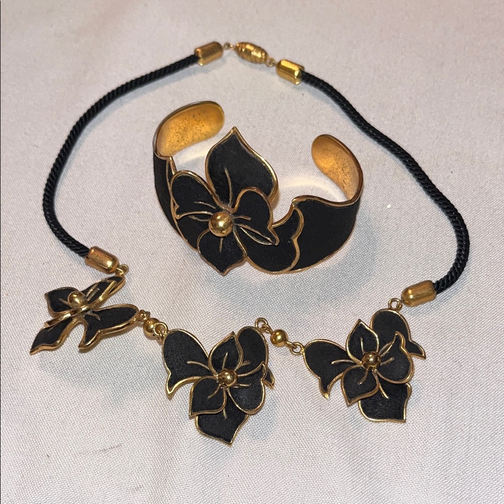 Girl’s small Black and Gold Floral Necklace & Cuff Bracelet Set. Made in France